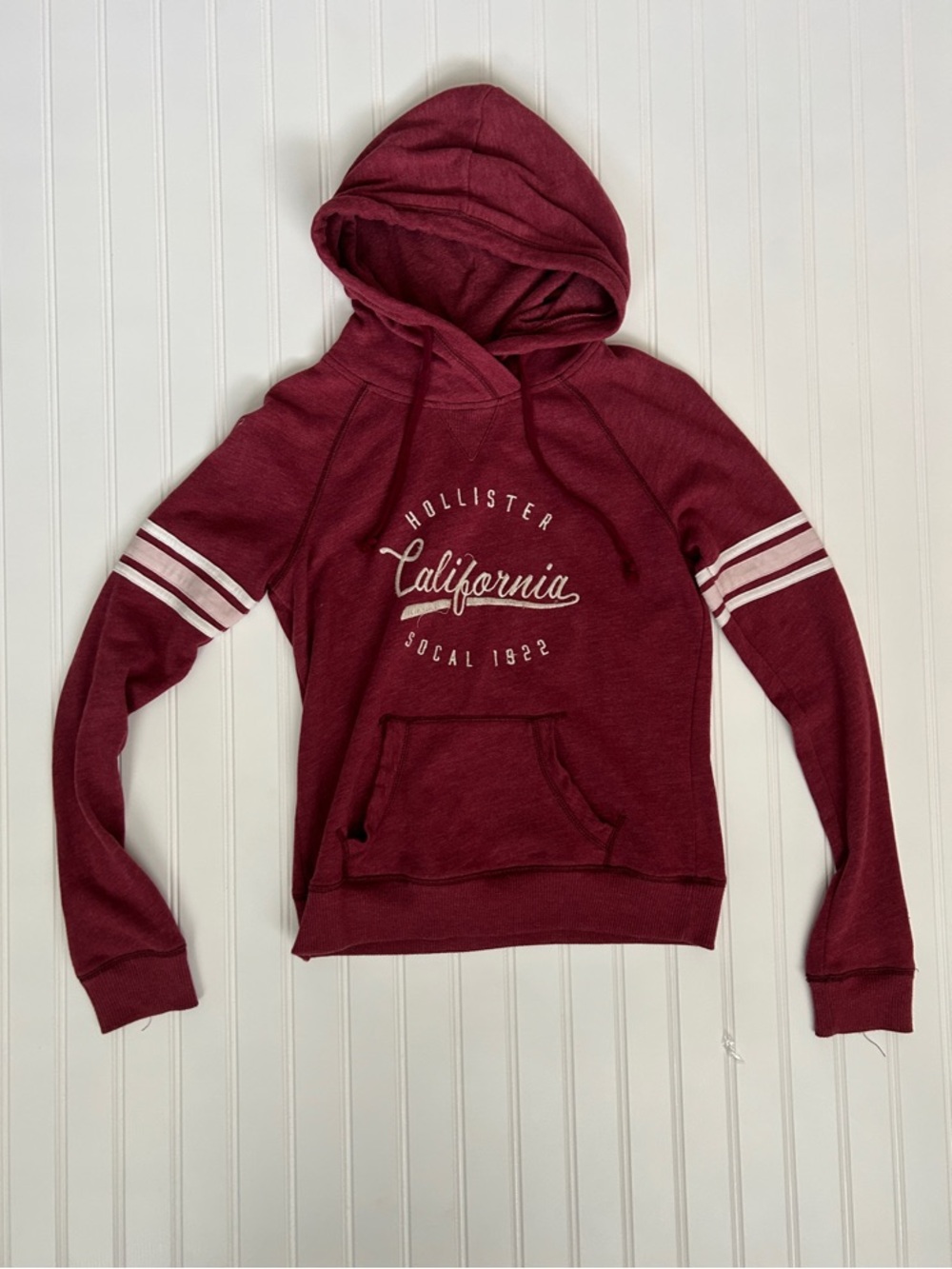 Hollister Women's Maroon California Hoodie with White Stripes